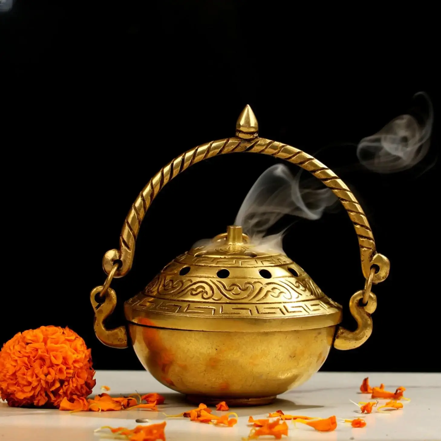 Handcrafted Brass Dhoop Dani with Handle for Pooja and Incense Burning