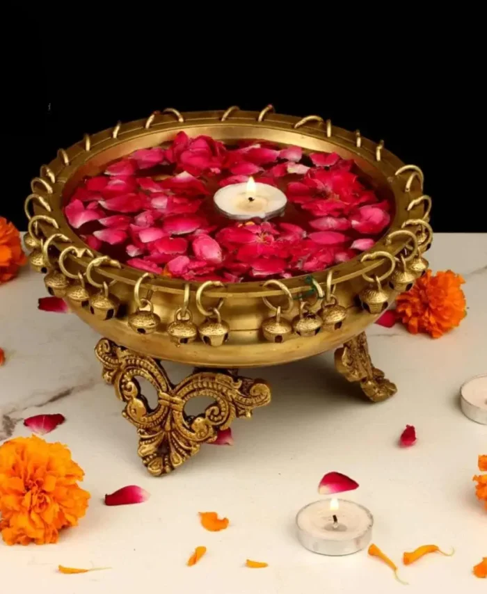 Handcrafted 5-Inch Brass Ghungroo Urli Bowl for Floating Flowers and Home Decor
