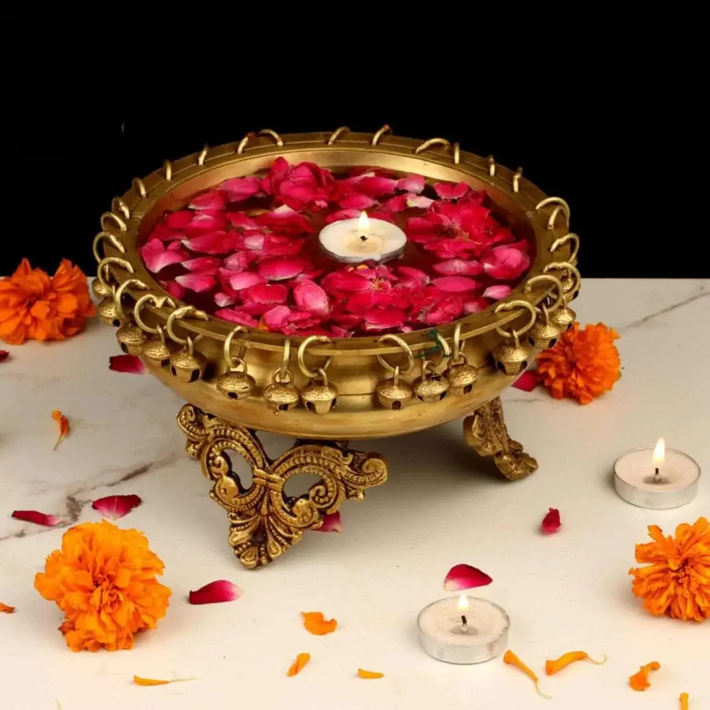 Handcrafted 5-Inch Brass Ghungroo Urli Bowl for Floating Flowers and Home Decor