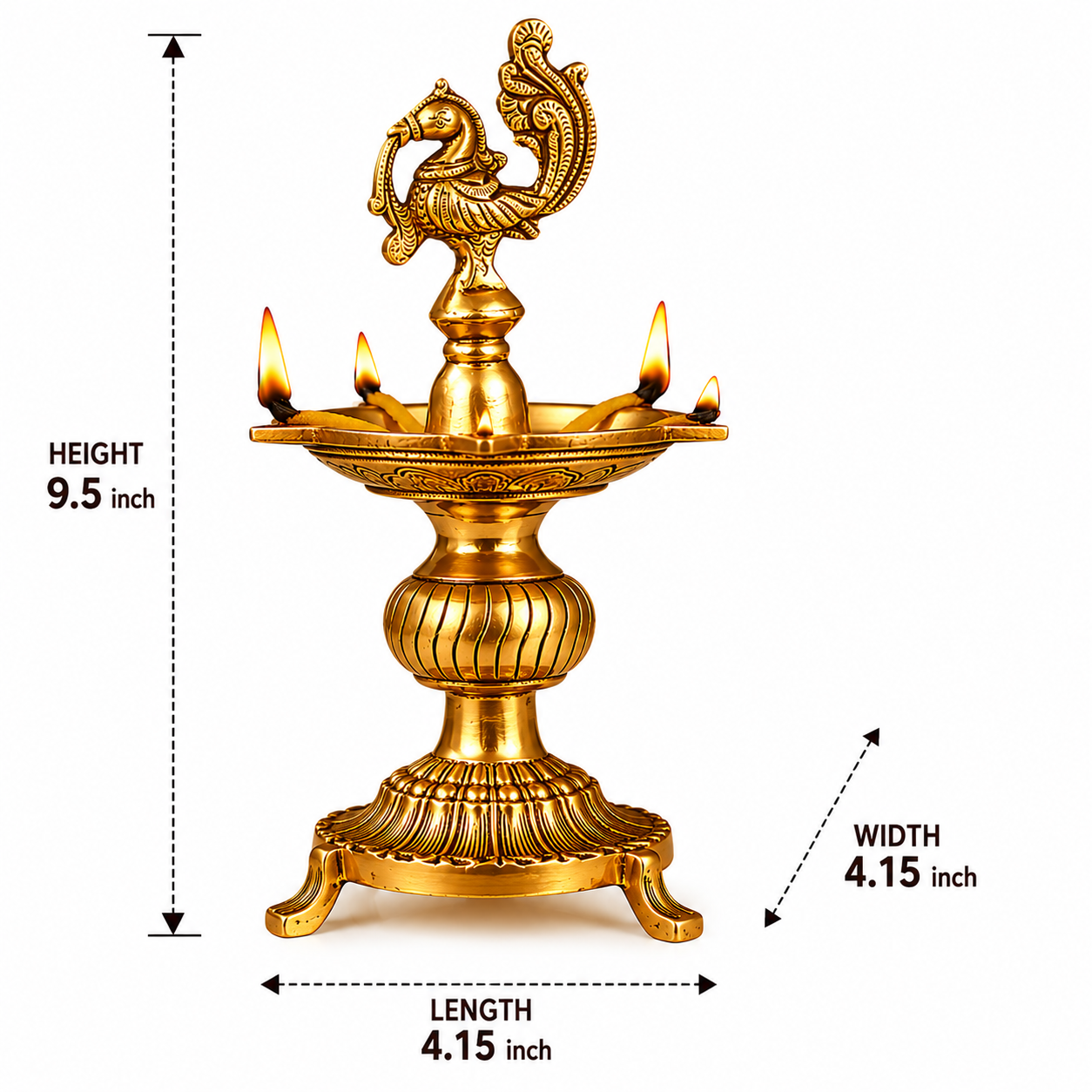 Brass Peacock Deep 9.5 Inch with Base for Traditional Pooja