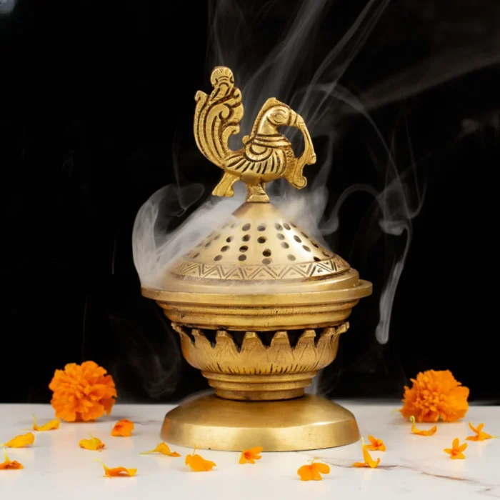 Brass Peacock Dhoop Dani for pooja and incense burning – traditional spiritual decor from OmDecors, Coimbatore