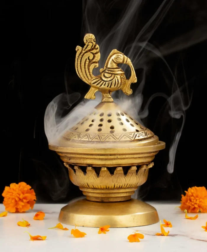 Brass Peacock Dhoop Dani for pooja and incense burning – traditional spiritual decor from OmDecors, Coimbatore
