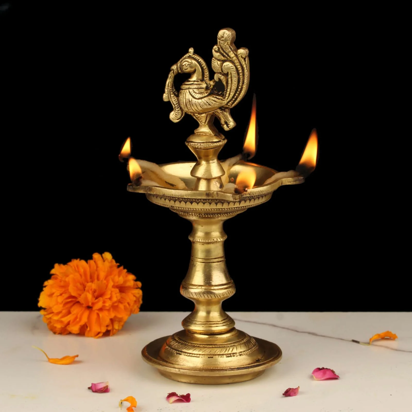 Brass Bird Lamp 8 Inch with 5 Face Diya for Pooja and Festivals