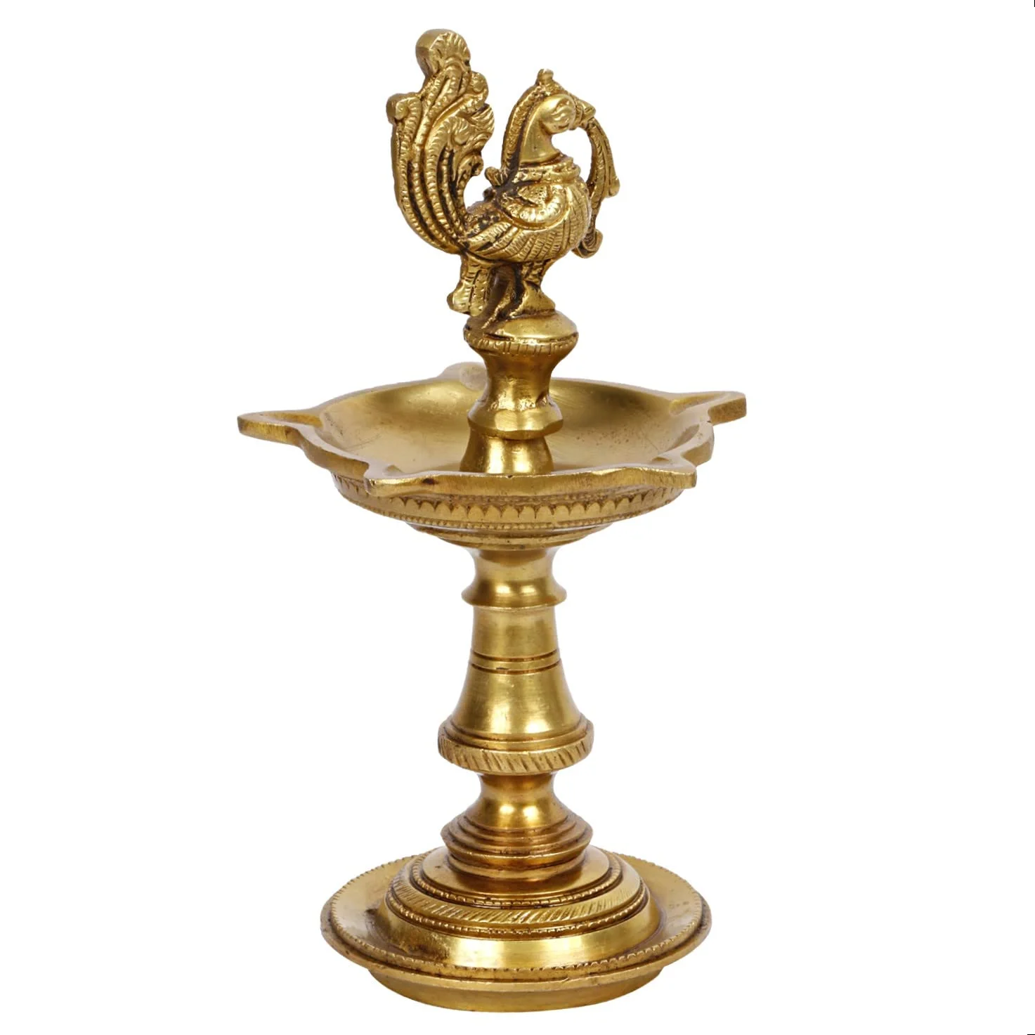 Brass Bird Lamp 8 Inch with 5 Face Diya for Pooja and Festivals