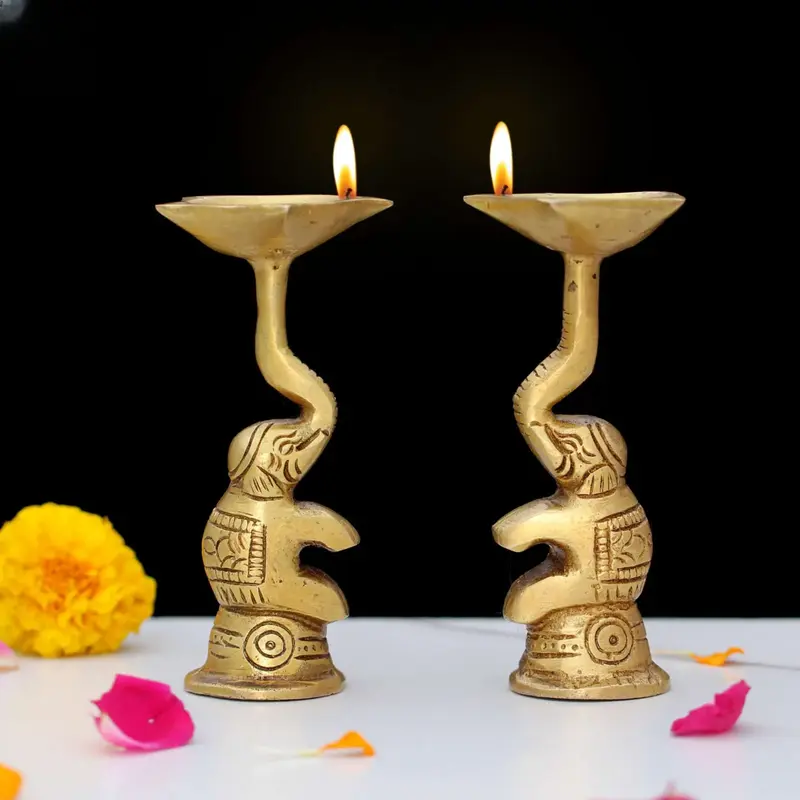 Brass Elephant Diya β 5 Face Traditional Lamp for Decor & Gifts
