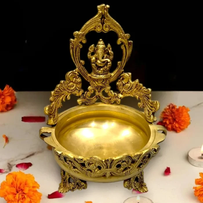 Brass Peacock Design Ganesha Urli Showpiece for Home Décor and Pooja