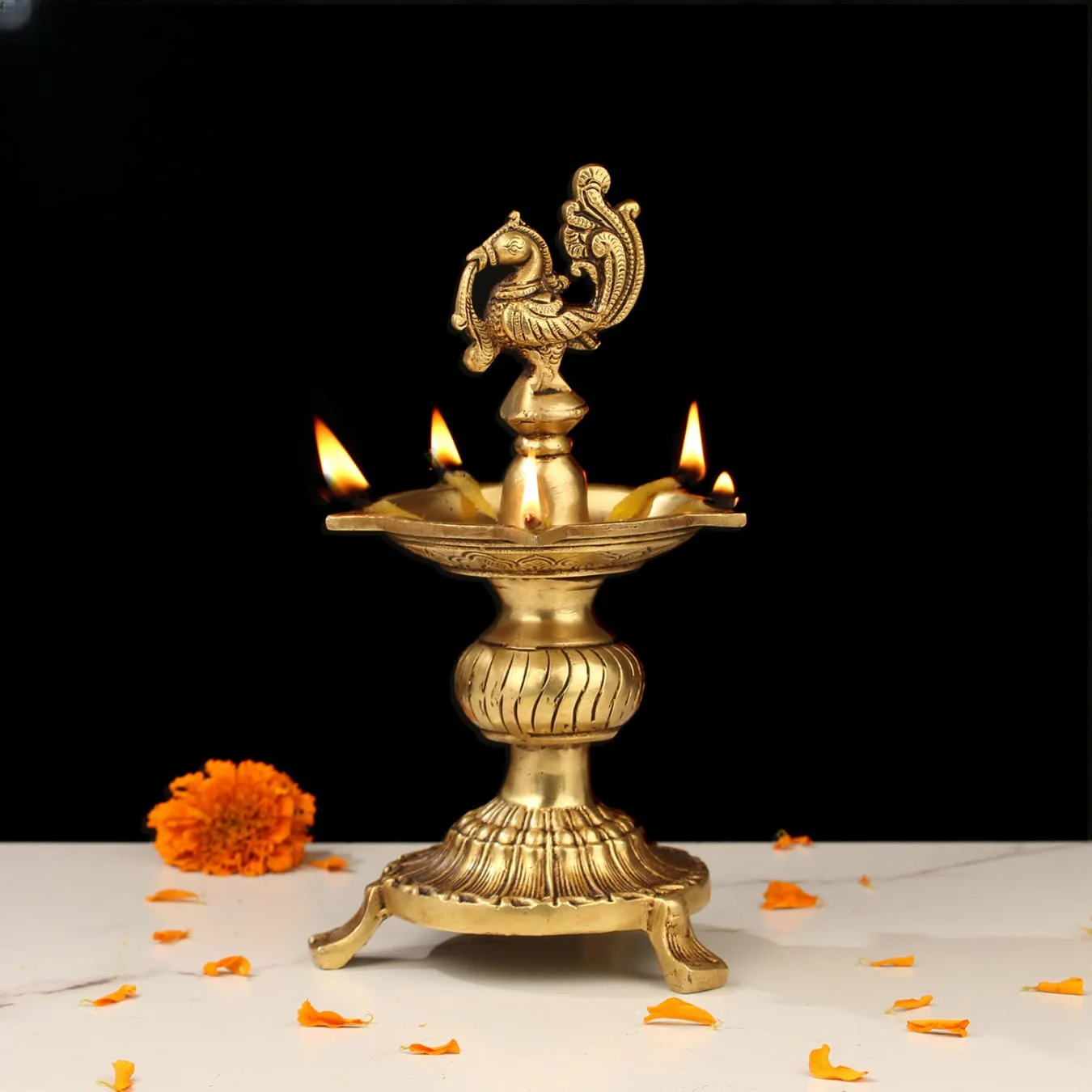 Brass Peacock Deep 9.5 Inch with Base for Traditional Pooja