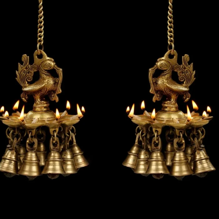 Pure Brass Peacock Hanging Lamp with Bell for Traditional Pooja