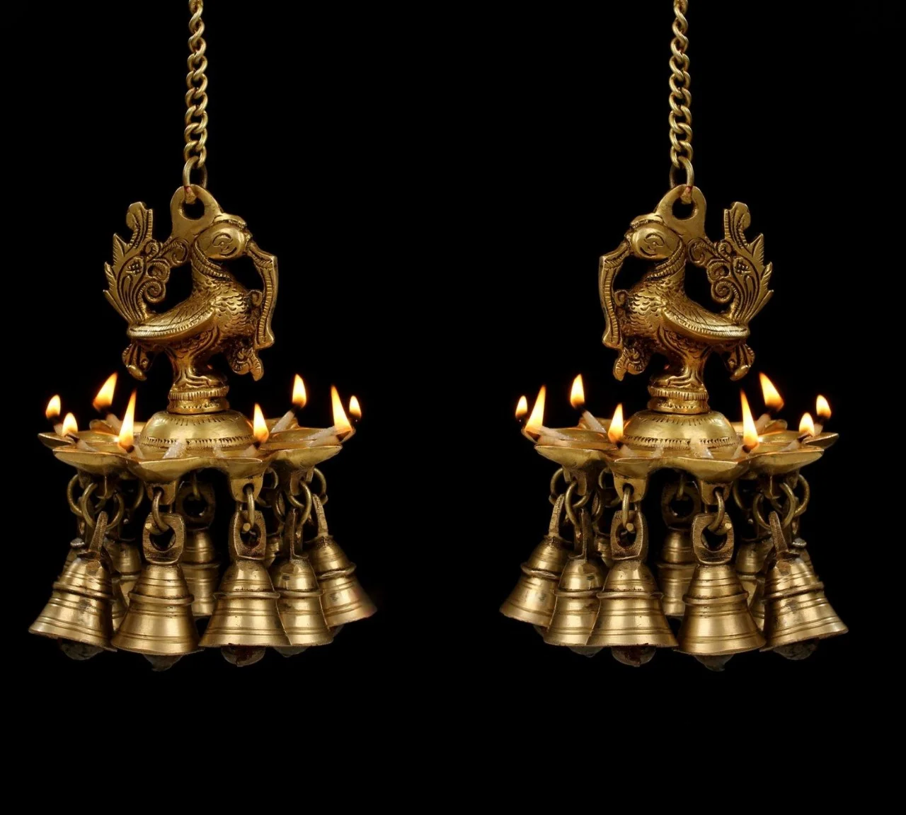 Pure Brass Peacock Hanging Lamp with Bell for Traditional Pooja