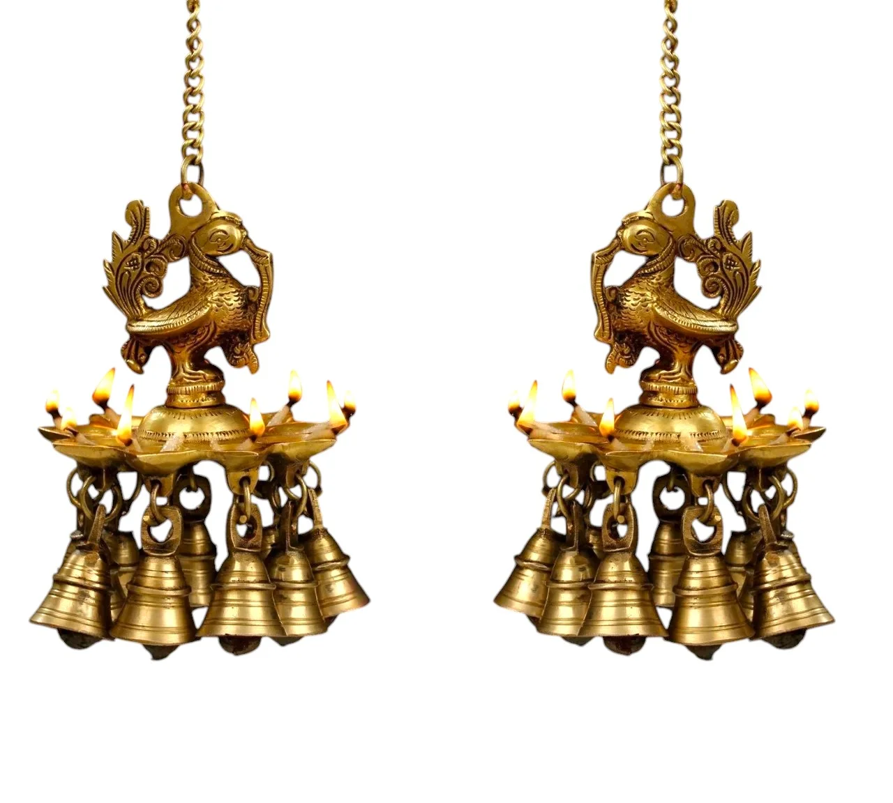 Pure Brass Peacock Hanging Lamp with Bell for Traditional Pooja