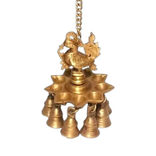 Pure Brass Peacock Hanging Lamp with Bell for Traditional Pooja