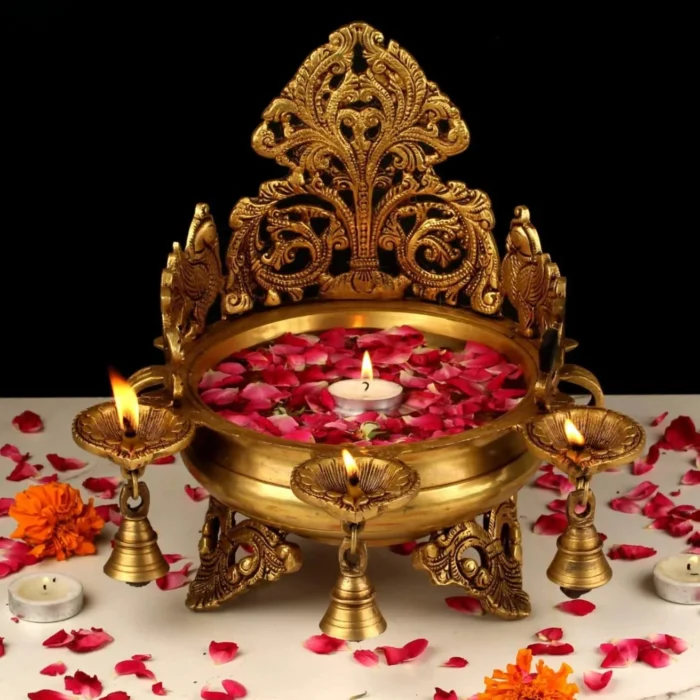 Handcrafted Brass Peacock Urli with Lamp and Bell for Pooja and Festive Décor