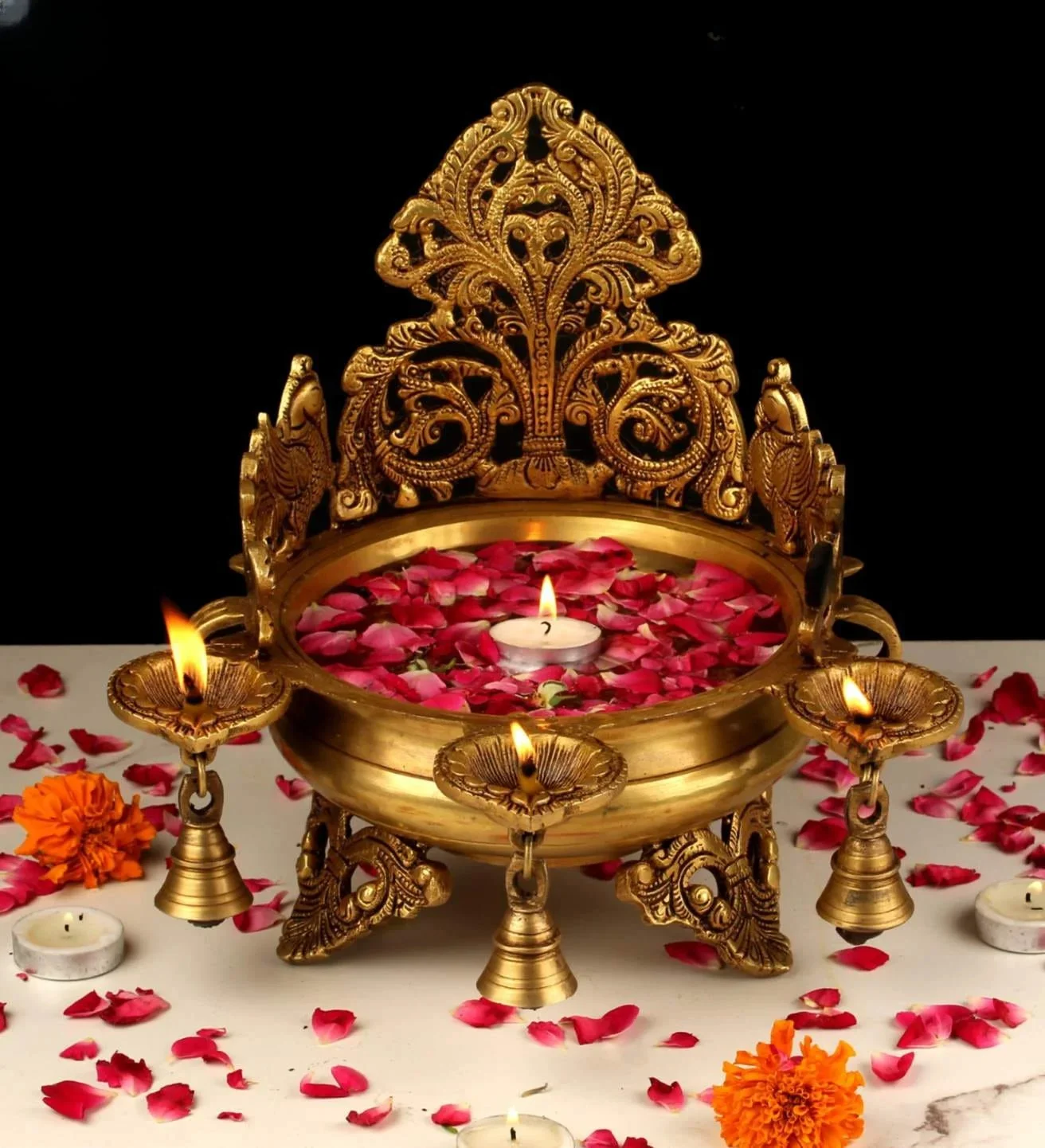 Handcrafted Brass Peacock Urli with Lamp and Bell for Pooja and Festive Décor