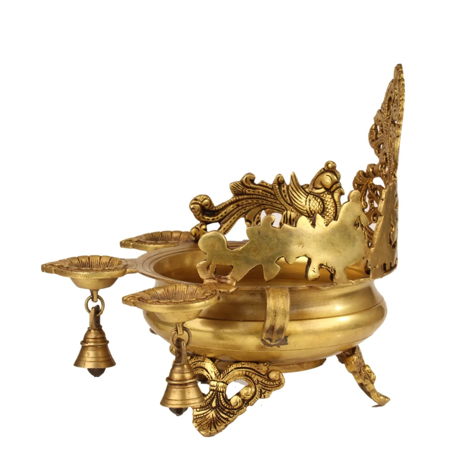 Handcrafted Brass Peacock Urli with Lamp and Bell for Pooja and Festive Décor