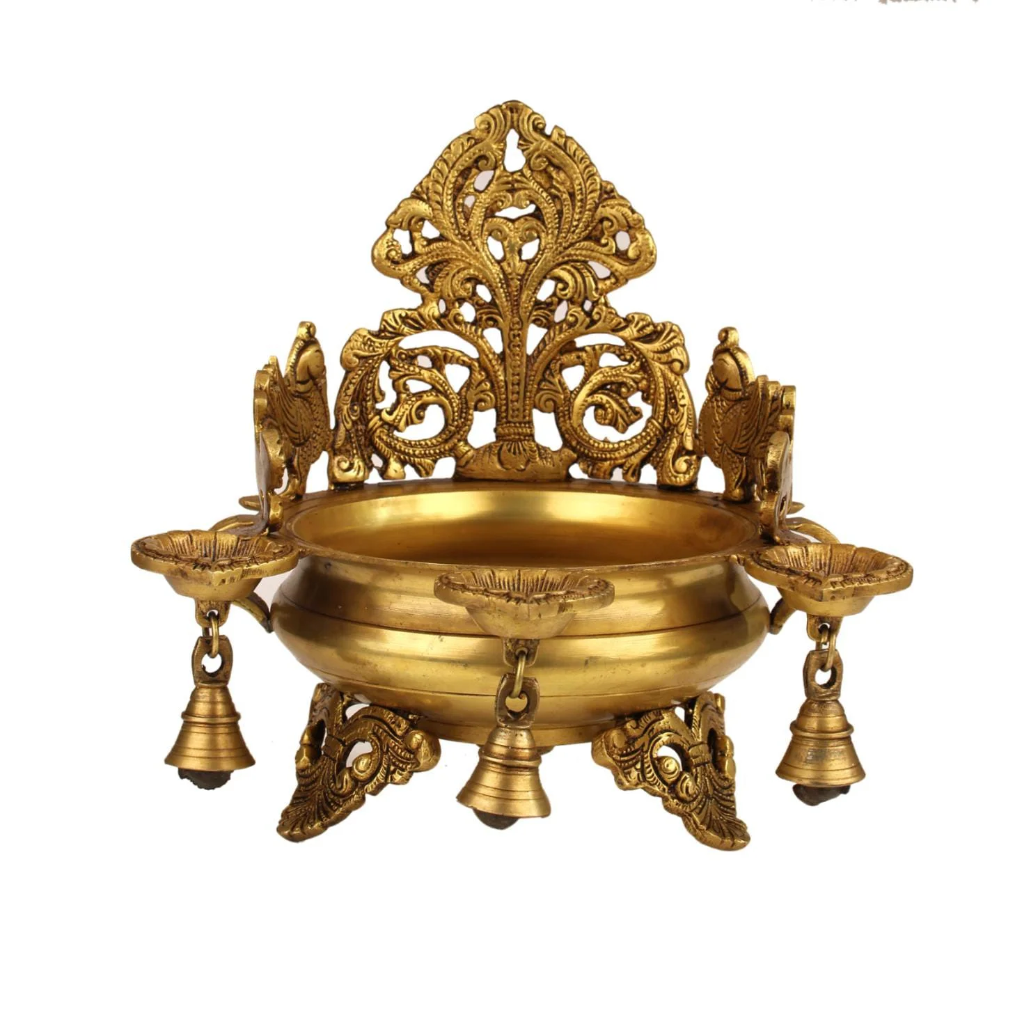 Handcrafted Brass Peacock Urli with Lamp and Bell for Pooja and Festive Décor