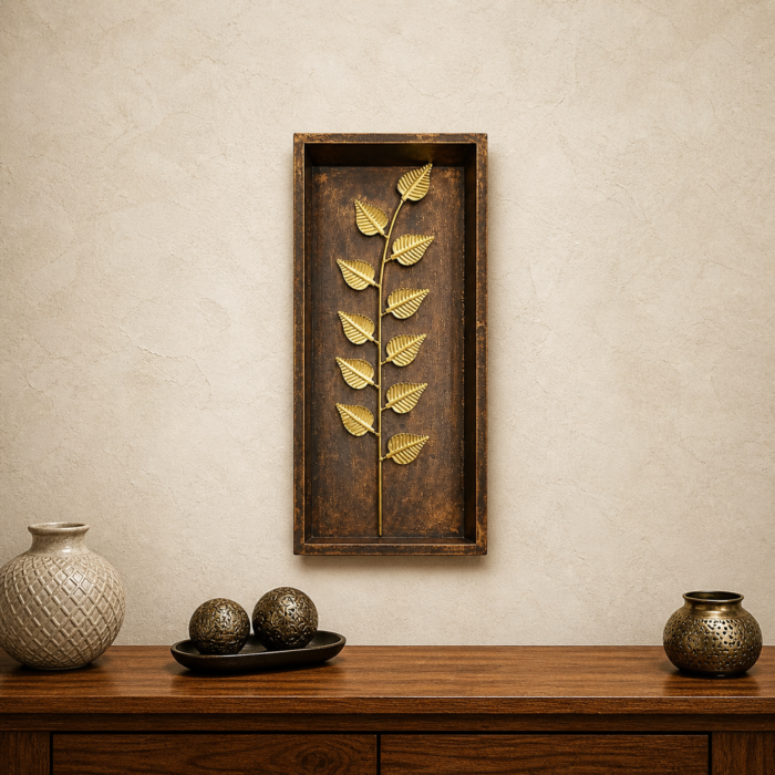 Iron titan leaf wall decor with textured metallic finish in wooden box frame for modern home and office décor