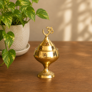 Brass Folding Diya with Om Swastik Design and Open Cap for Puja