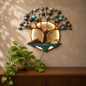 LED metal wall art of deer under tree and full moon – Holi special multicolour home decor