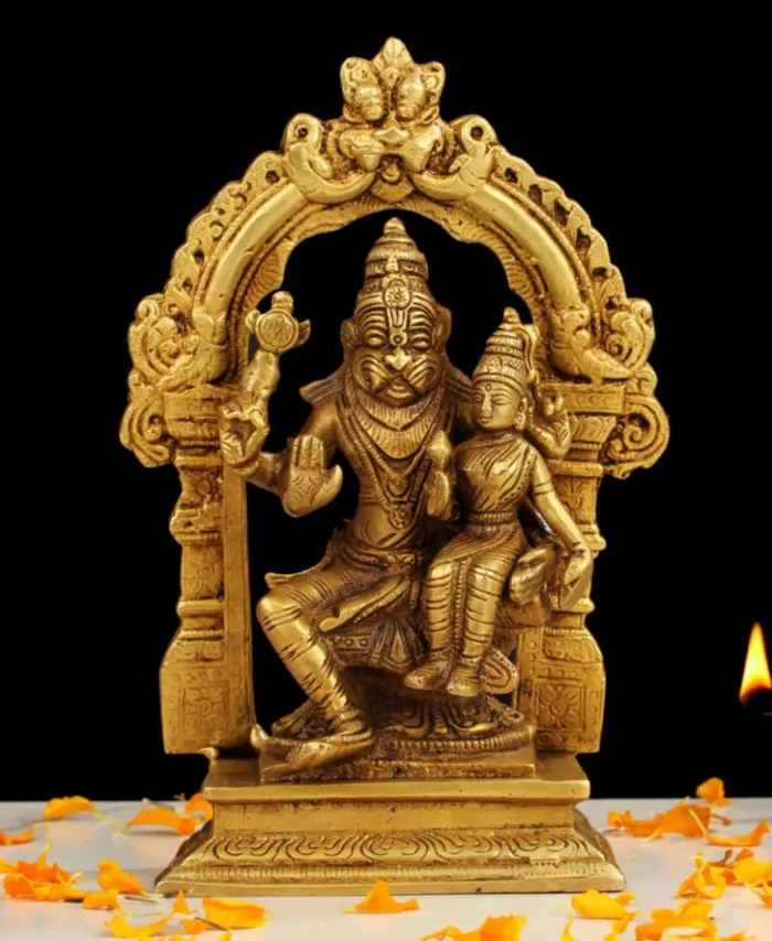 Brass Lord Narasimha Idol with Goddess Lakshmi for Temple and Home – 8 Inch