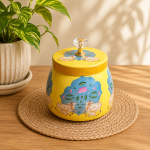 High-quality 3-inch blue tin air tight container designed for kitchen storage of tea, coffee, dry fruits, and snacks. Durable and elegant finish.