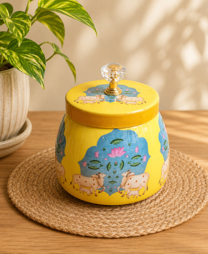 High-quality 3-inch blue tin air tight container designed for kitchen storage of tea, coffee, dry fruits, and snacks. Durable and elegant finish.