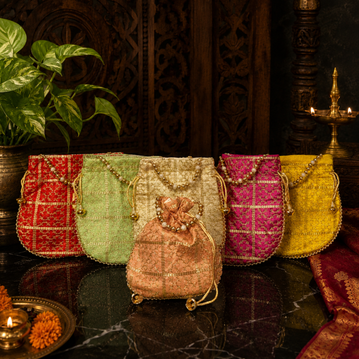 Silk Gold Embroidered Purse for Women - Ethnic Return Gift Bag