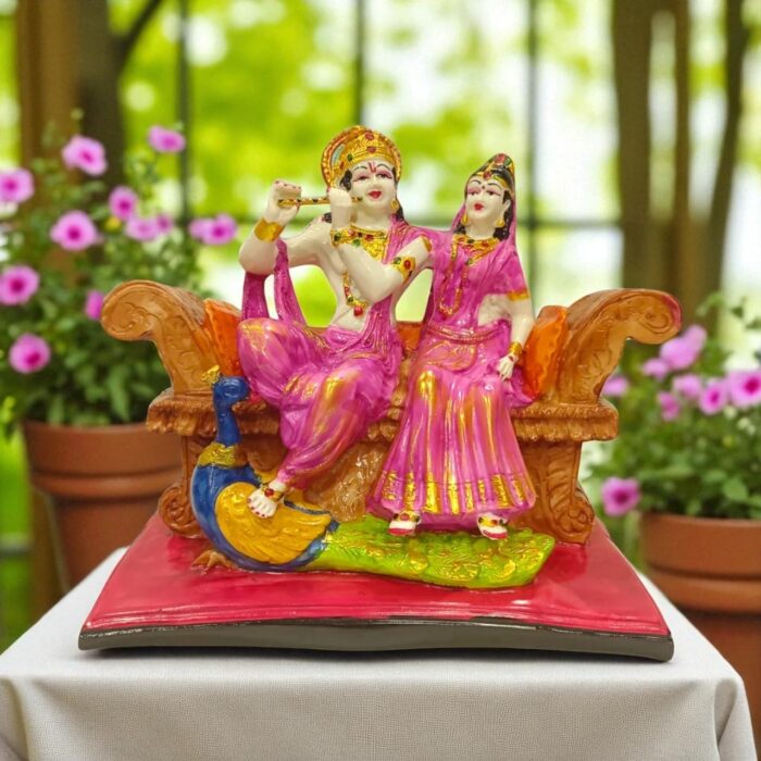 Radha Krishna Idol with Flute and Peacock in Purple for Home Decor