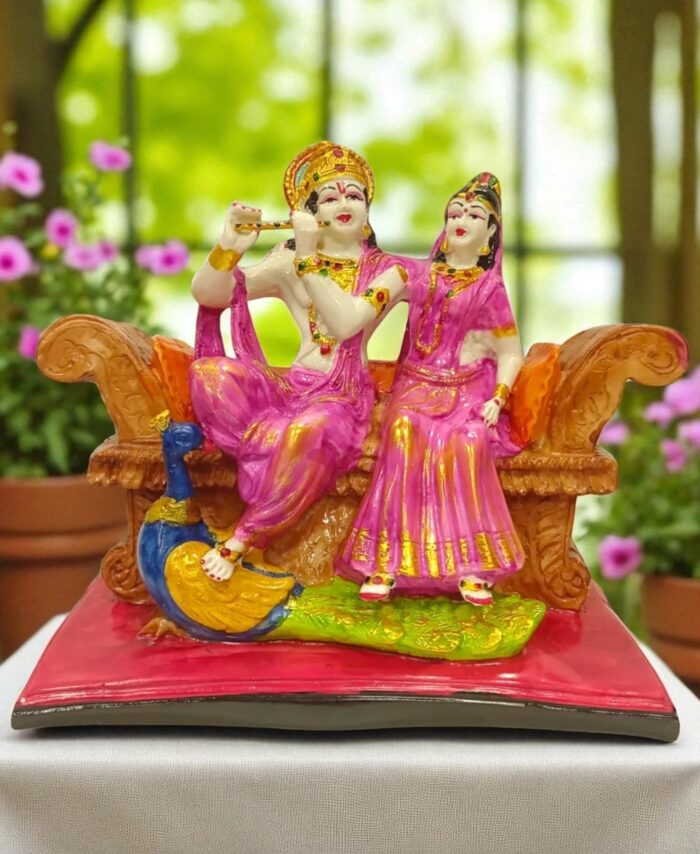 Radha Krishna Idol with Flute and Peacock in Purple for Home Decor