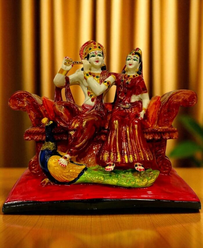 Radha Krishna Idol with Flute and Peacock in Red for Home Temple and Decor