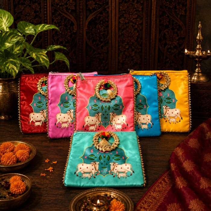 Gomatha Design Silk Potli Bags – Multicolor Return Gift Pouches