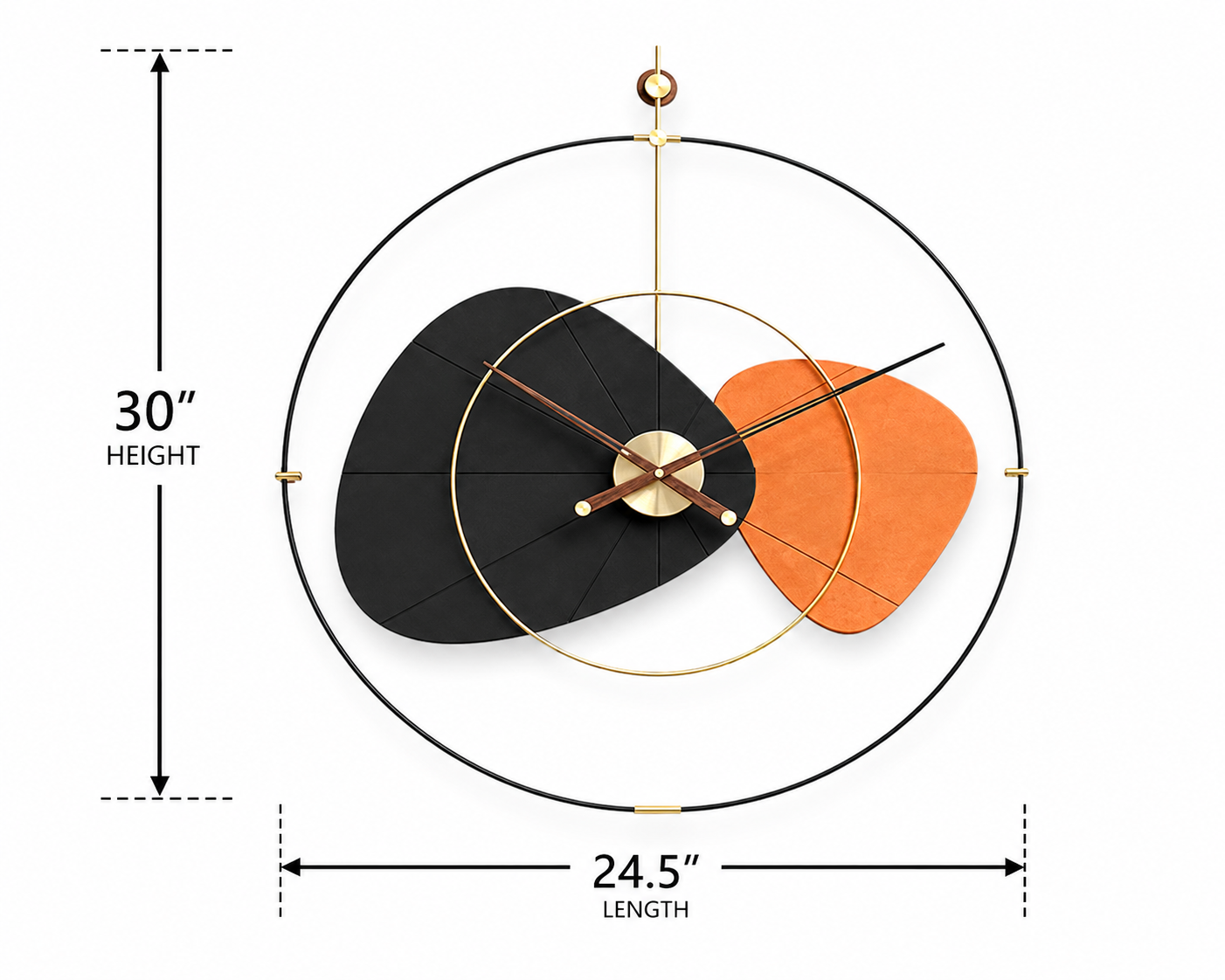 Double wooden ring wall clock in orange and black color – Modern home decor timepiece