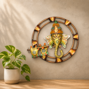 Round metal hand-painted Ganesha wall hanging for pooja room and home decor