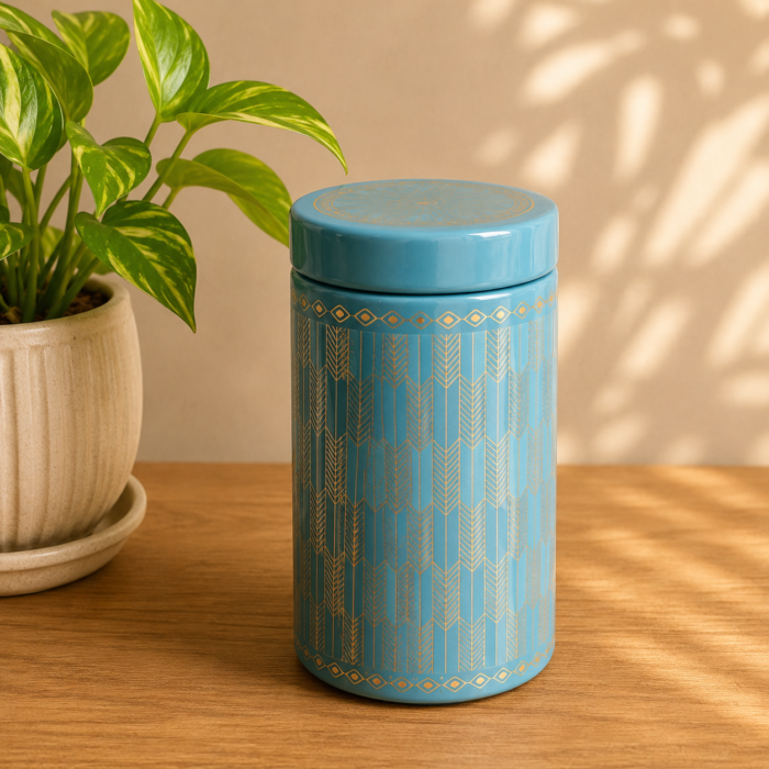Premium airtight tin jar in blue color – 6 inch storage container for gifts and dry fruits