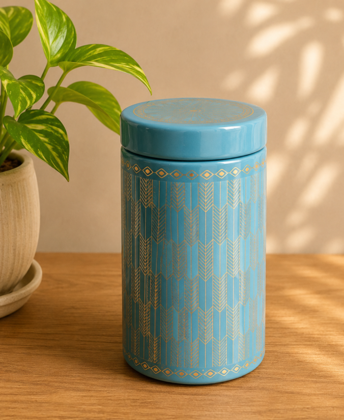 Premium airtight tin jar in blue color – 6 inch storage container for gifts and dry fruits