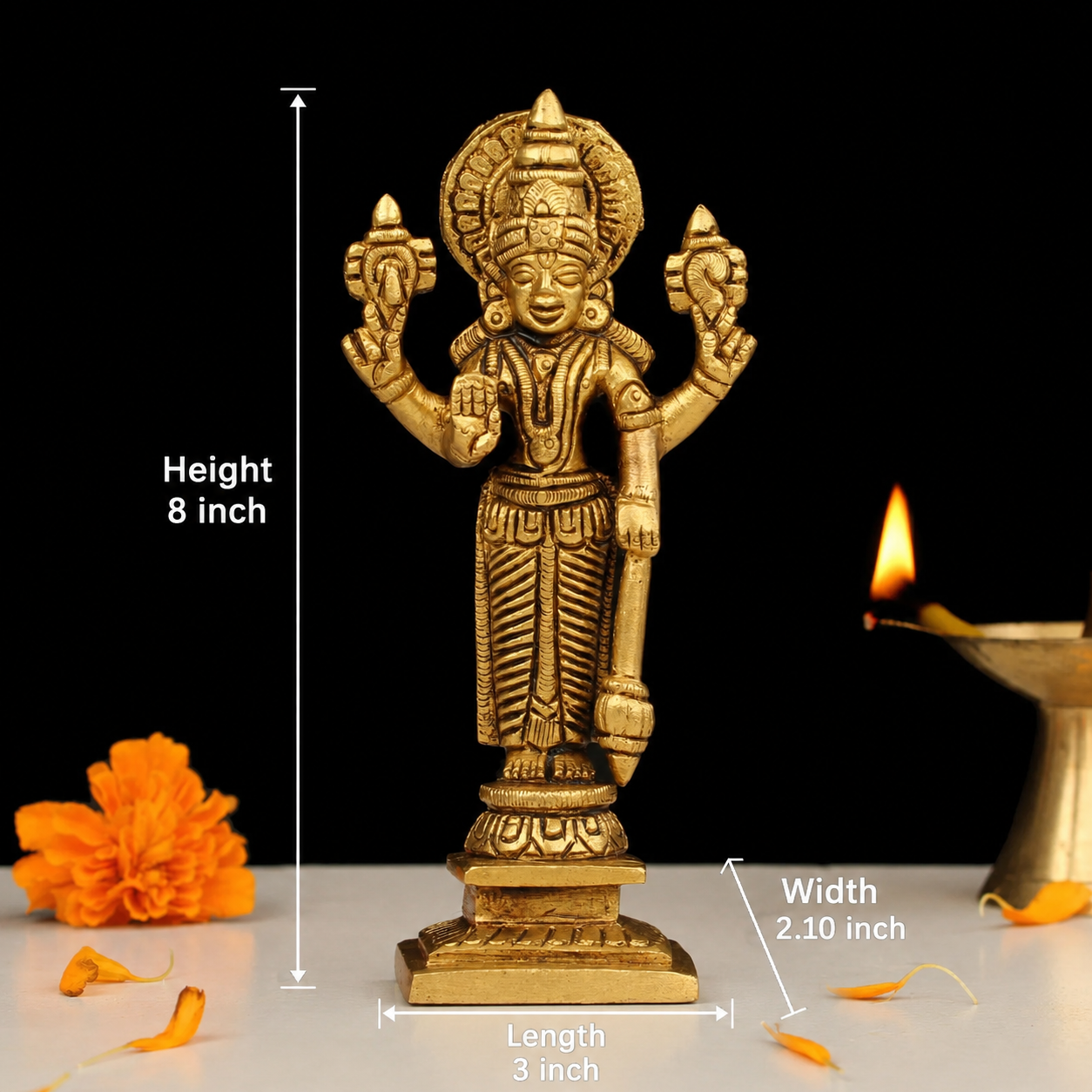 Brass Vishnu Standing Idol 8 Inch Statue for Home Temple Spiritual Decor