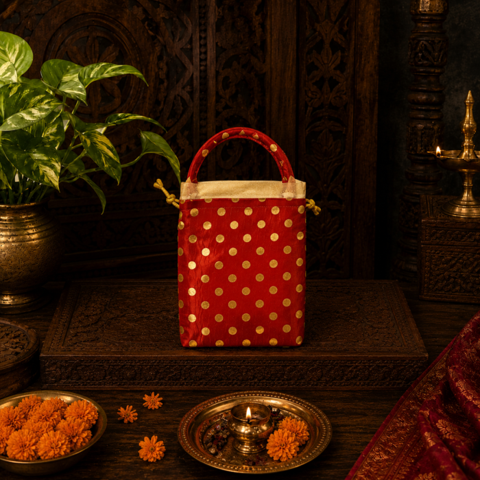 Red Return Gift Bag with Golden Dots – Ideal for Weddings and Baby Showers
