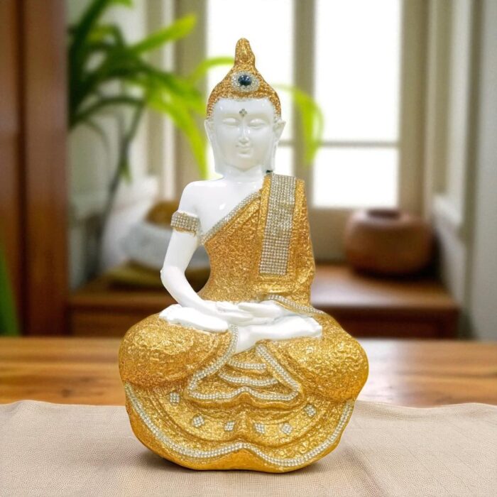 White Golden Meditating Buddha Idol Statue with Stonework for Home Garden Decor