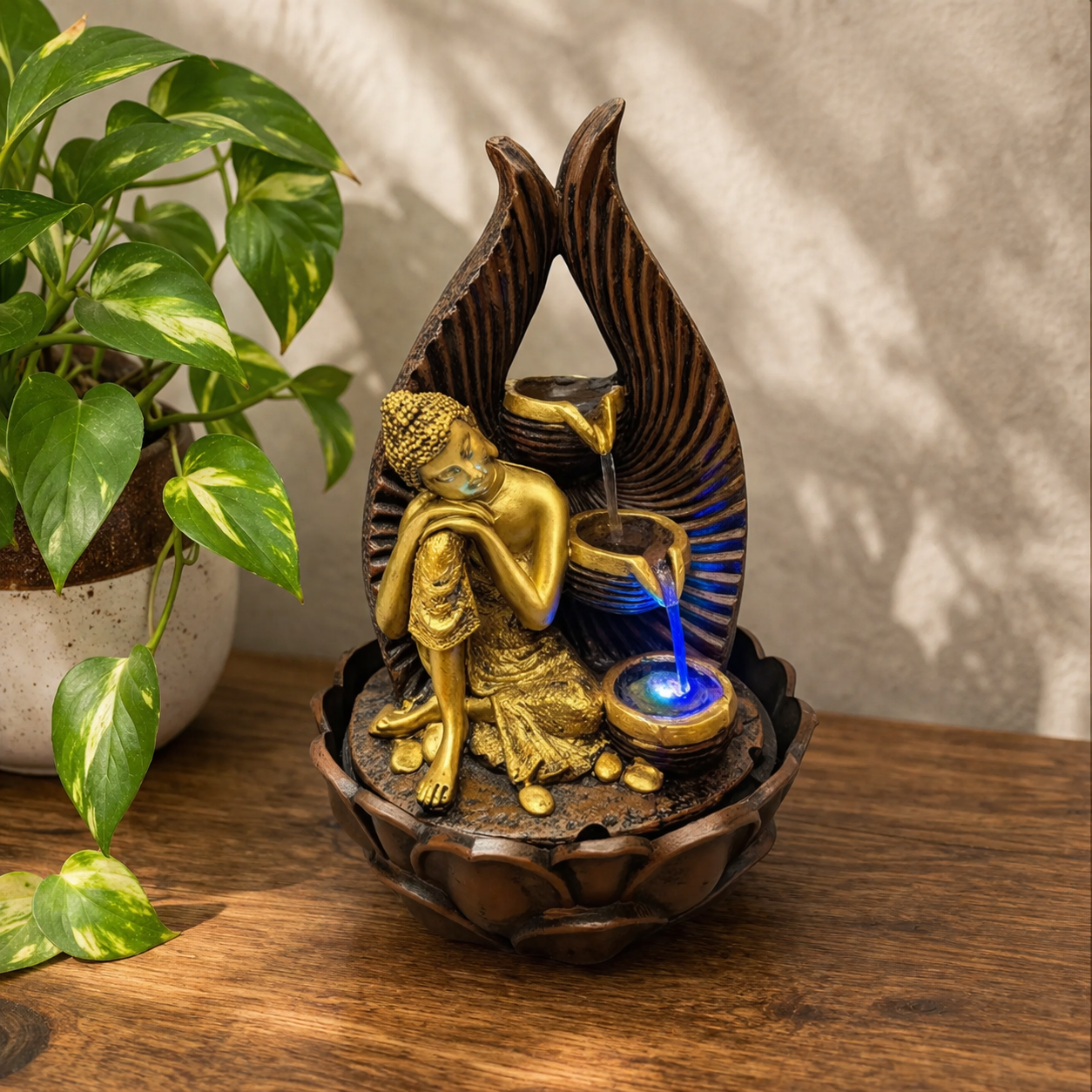 Buddha Indoor Tabletop Water Fountain with LED Light for Home Decor