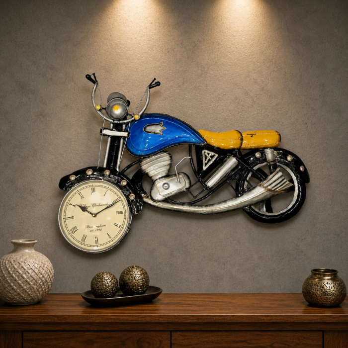 Multi color metal bike wall hanging with functional wall clock for home and cafe décor