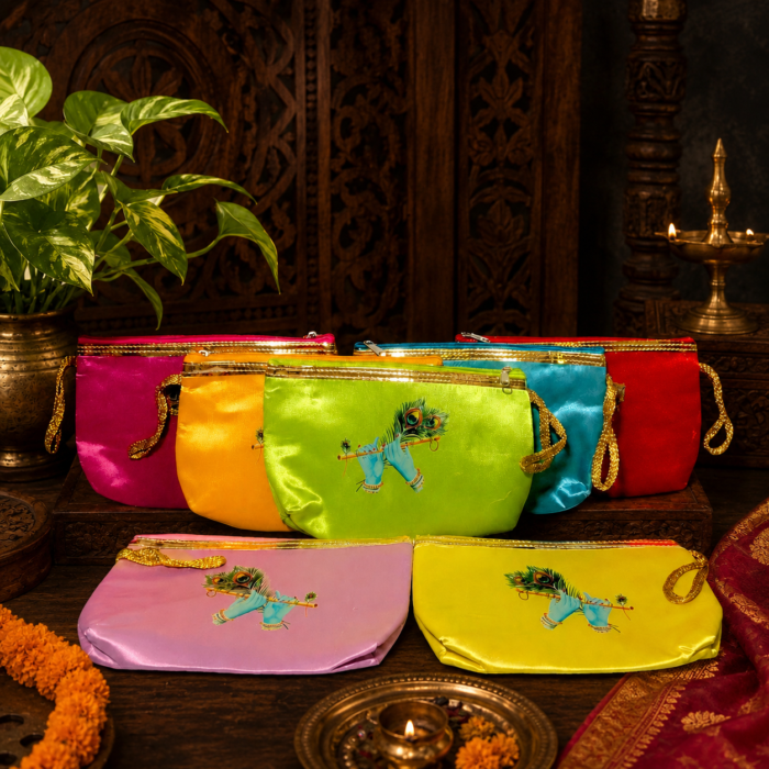 Silk Krishna Hand with Flute Purse – Traditional Return Gift Bag for Women