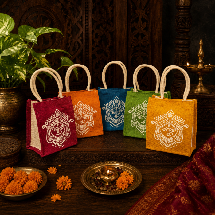 Goddess Durga Amman face printed eco-friendly jute bag for religious return gifts