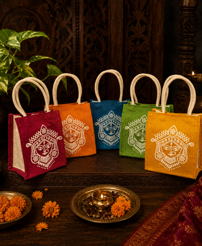Goddess Durga Amman face printed eco-friendly jute bag for religious return gifts