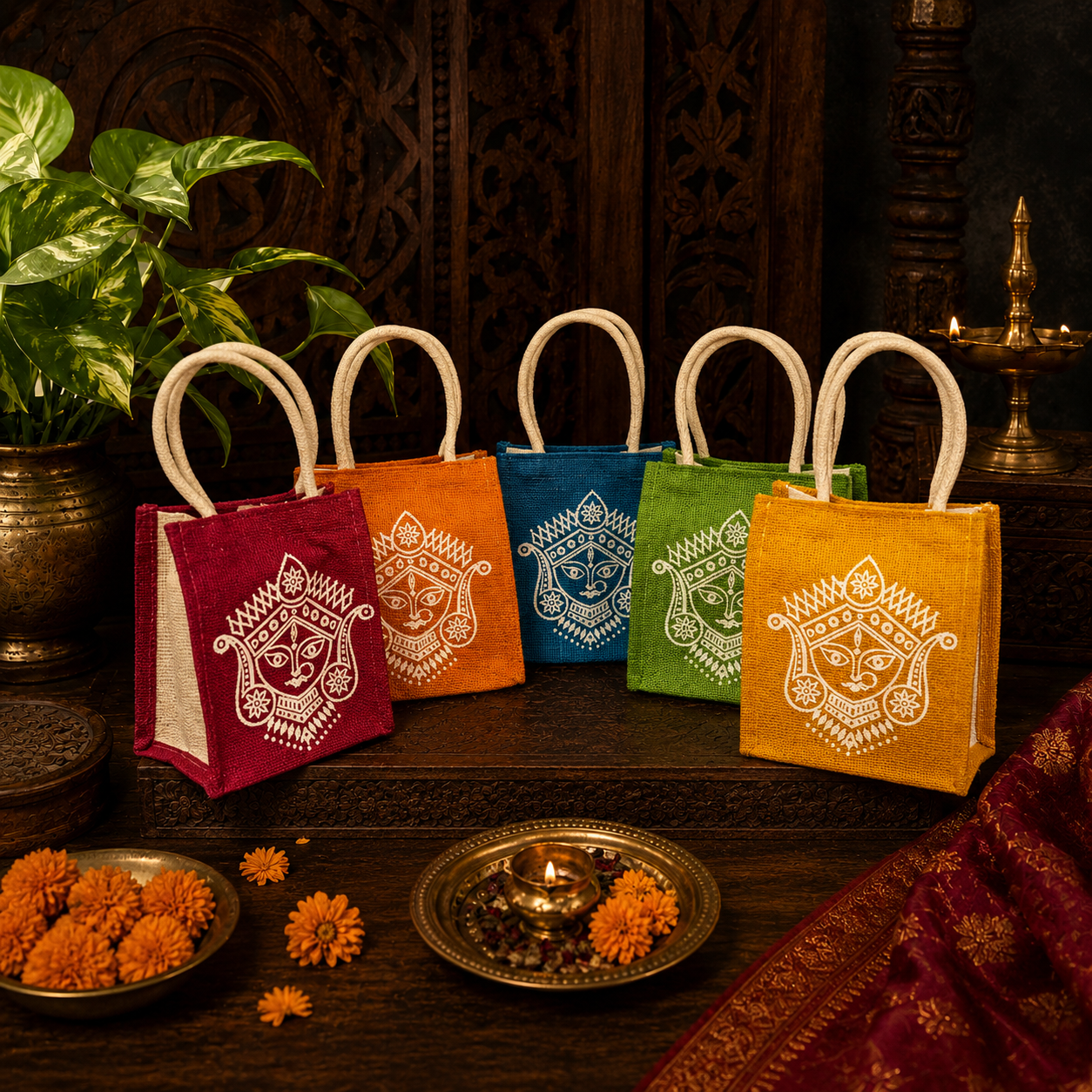 Goddess Durga Amman face printed eco-friendly jute bag for religious return gifts