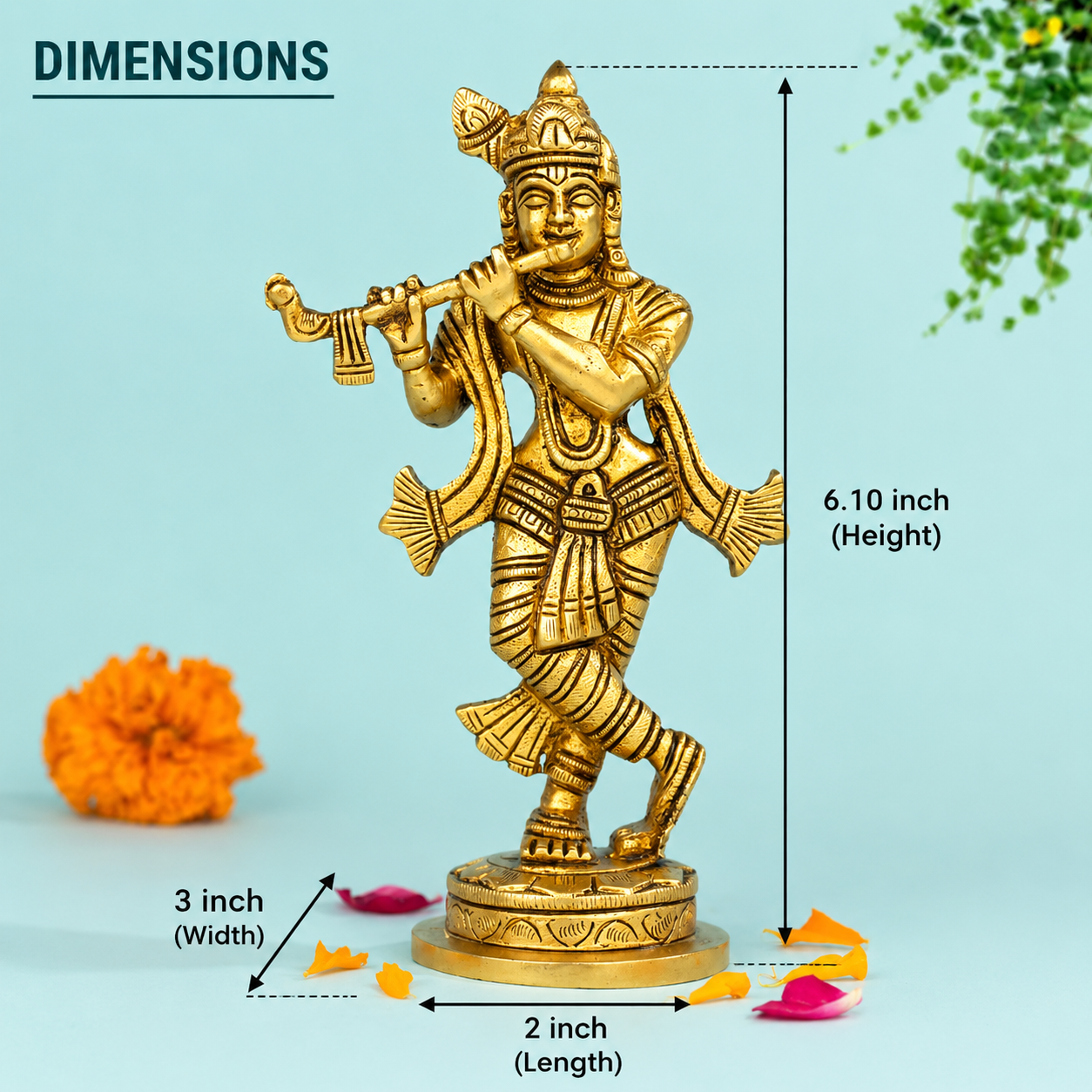 Brass Krishna with Flute Idol for Home and Temple Decor
