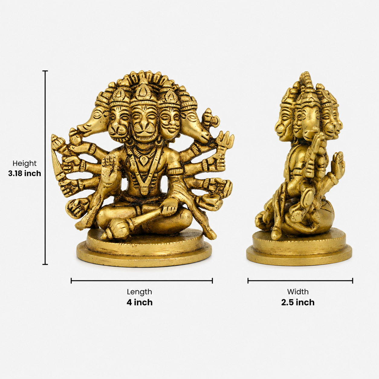 Brass Panchamukha Hanuman (5 Face Hanuman) Statue for Home Temple Decor