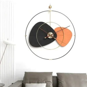 Double wooden ring wall clock in orange and black color – Modern home decor timepiece