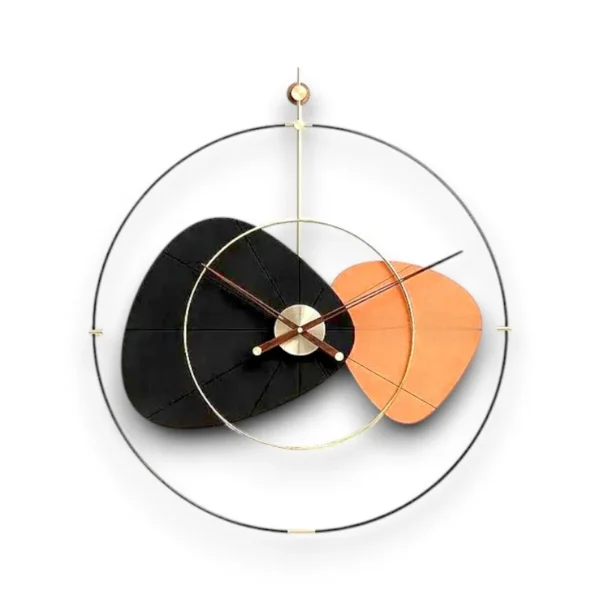 Double wooden ring wall clock in orange and black color – Modern home decor timepiece