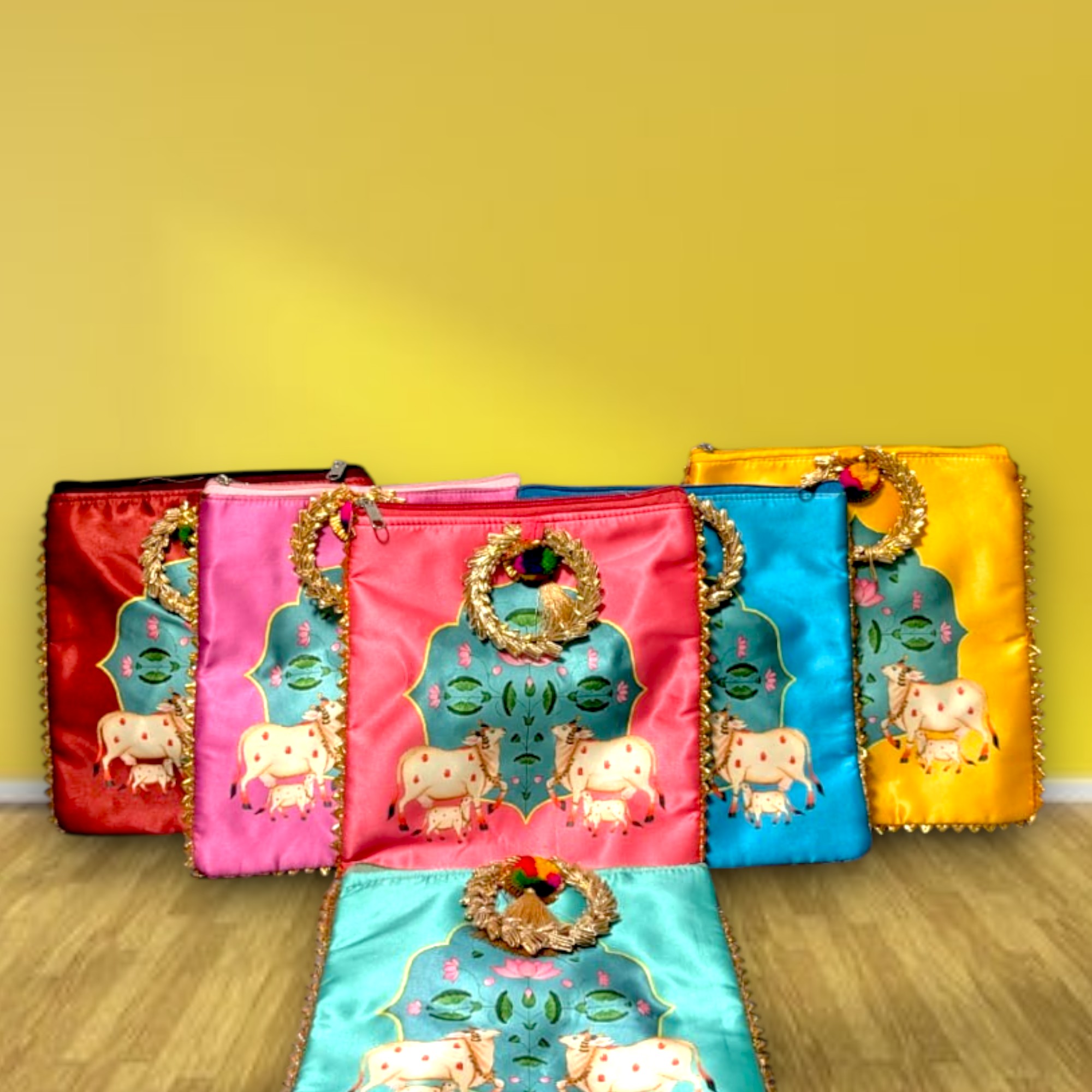 Gomatha Design Silk Potli Bags – Multicolor Return Gift Pouches
