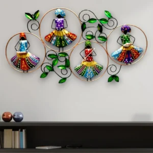 Handcrafted metal wall art of musician dolls in multicolor circular iron frame for home decor