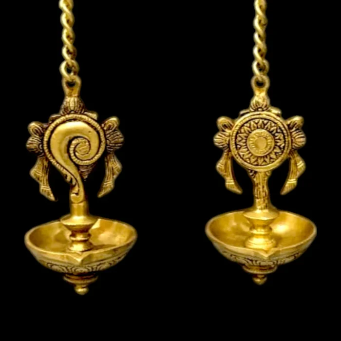 Brass Sangu Chakra Hanging Deepam Set of 2 – Traditional Wall-Mounted Oil Lamps for Temple and Home